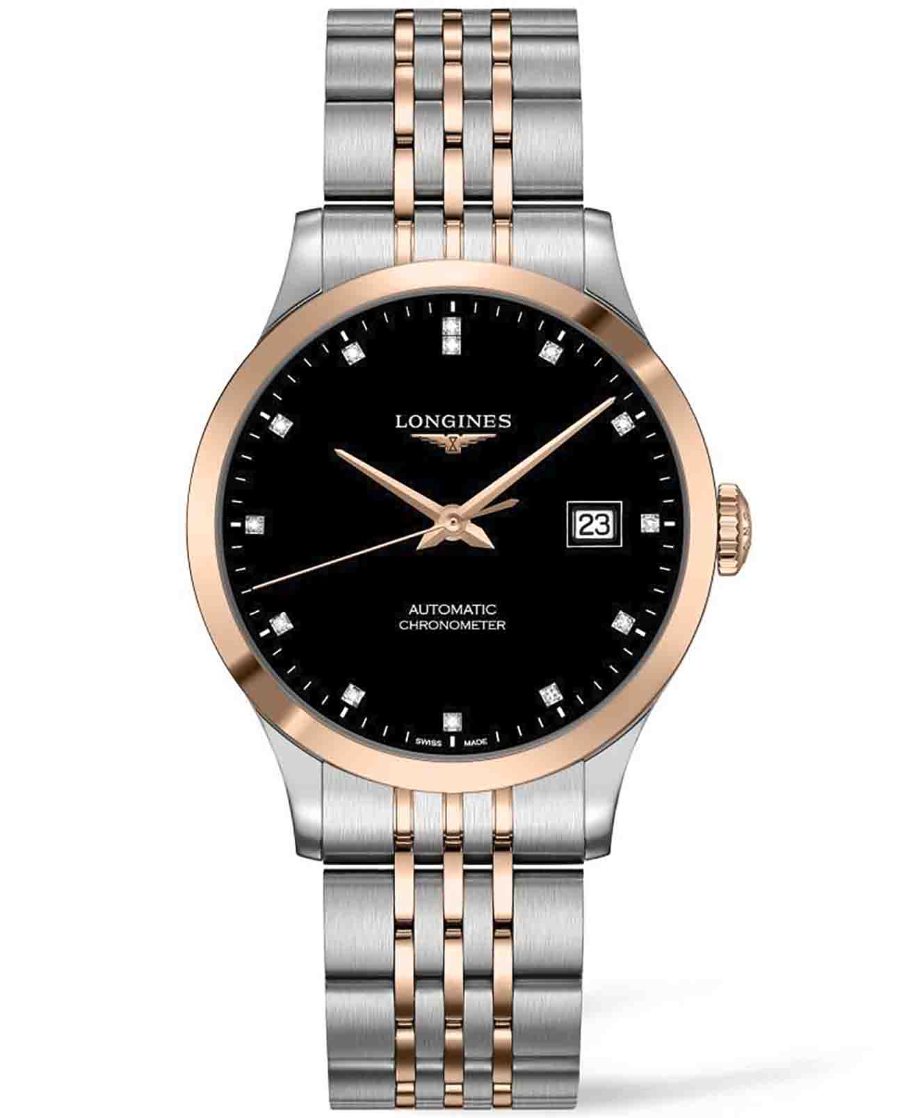 Longines Longines Record Collection L2.820.5.57.7  L28205577 механические мужские часы черный циферблат, браслет нержавеющая сталь — вид спереди